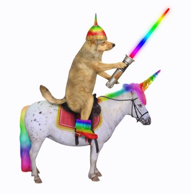 Köpek uzaylı tek boynuzlu ata biniyor.