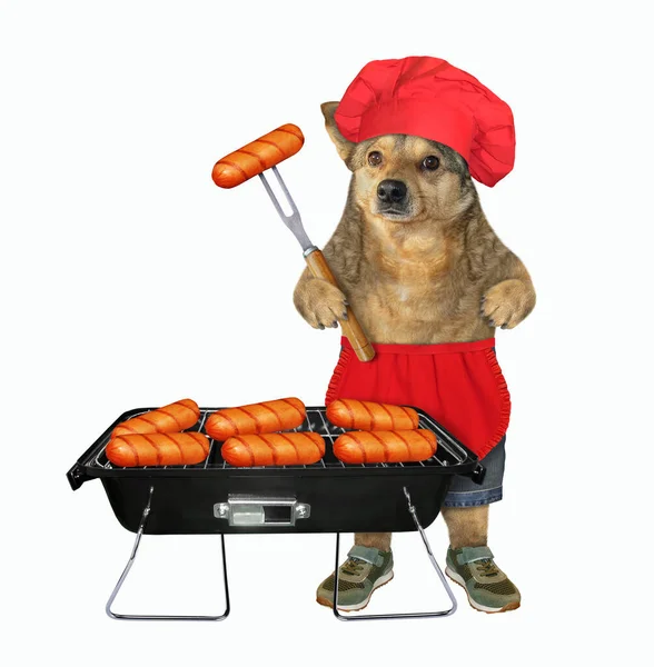 Cão Bege Uniforme Cozinheiro Vermelho Está Cozinhando Salsichas Grelhadas Fundo — Fotografia de Stock