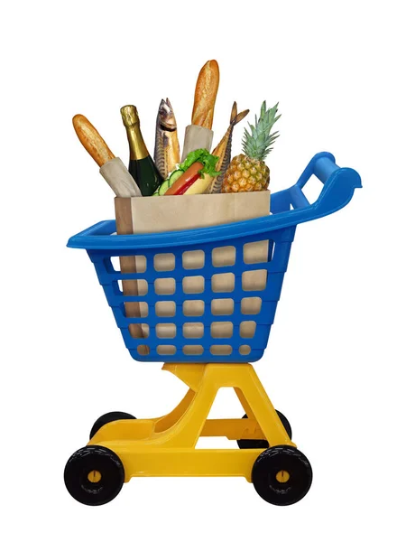 Yellow Blue Plastic Shopping Trolley Full Various Groceries White Background — Stock Photo, Image