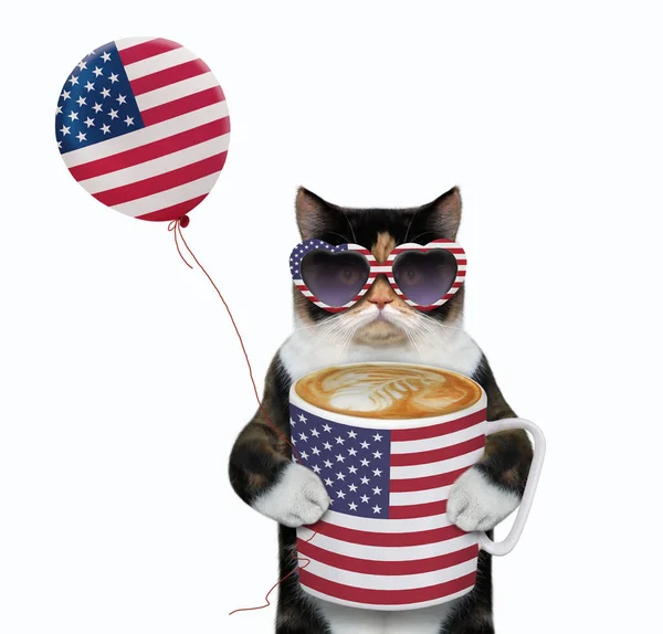 Multi Colored Cat Patriot Sunglasses Holding Big Cup Coffee Balloon — Stock Photo, Image