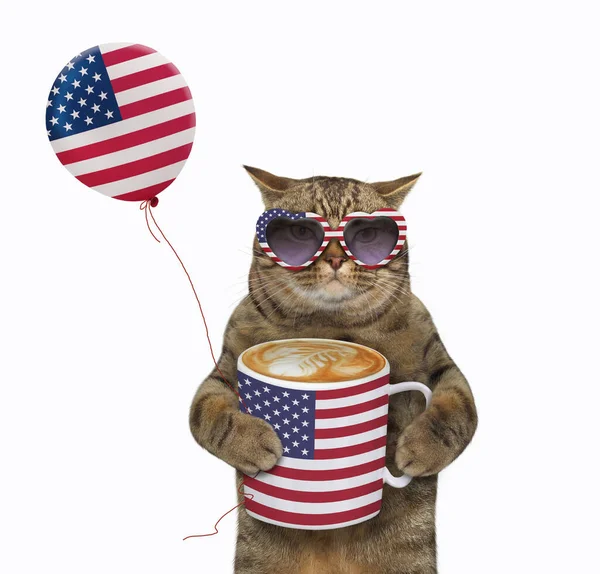 戴着太阳镜的米色猫爱国者拿着一大杯咖啡和一个印有美国国旗图案的气球 白色背景 被隔离了 — 图库照片