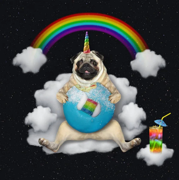 Pug Dog Unicorn Sitting Cloud Sofa Rainbow Eating Blue Glazed — Stock Photo, Image