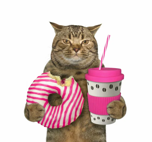 Beżowy Kot Trzyma Różowego Pączka Paski Papierową Filiżankę Kawy Słomką — Zdjęcie stockowe