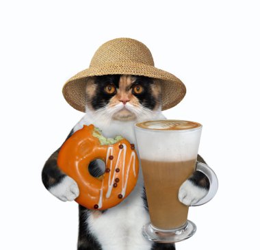 Hasır şapkalı çok renkli kedi portakallı bir lokma çörek ve bir bardak kapuçino tutuyor. Beyaz arka plan. İzole edilmiş.