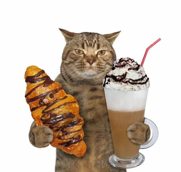 Beżowy Kot Trzyma Czekoladowy Rogalik Szklankę Cappuccino Słomką Picia Białe — Zdjęcie stockowe