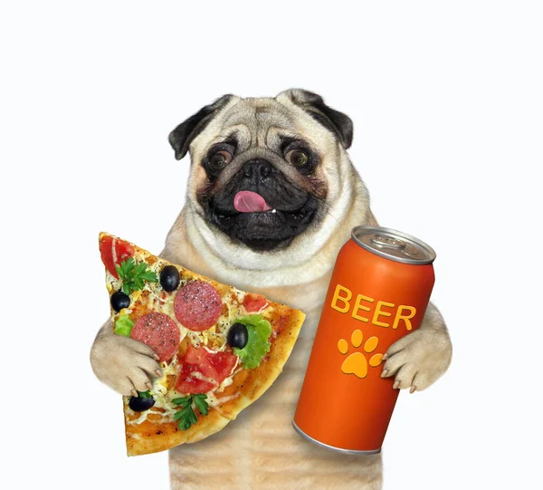 Cachorro Está Comendo Uma Fatia Pizza Bebendo Cerveja Uma Lata — Fotografia de Stock