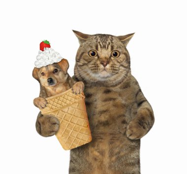 Bej renkli kedi dondurma için içinde krem şanti ve kafasında çilek olan bir köpek taşıyan bir waffle fincanı tutuyor. Beyaz arka plan. İzole edilmiş.