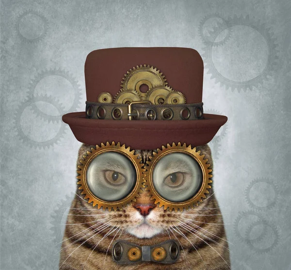 The beige steampunk cat is in a hat, a metal bow tie and glasses. Blue background.