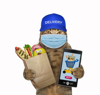 Koruyucu maskeli bej kedi kuryesi bir torba yiyecek getiriyor. Elinde akıllı telefon var. Beyaz arka plan. İzole edilmiş.