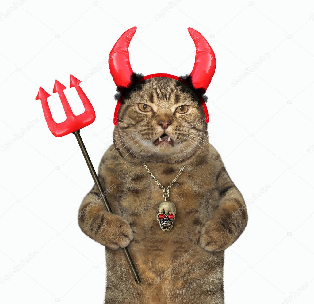 The beige cat in red horns is holding a devil trident for Halloween.  White background. Isolated.