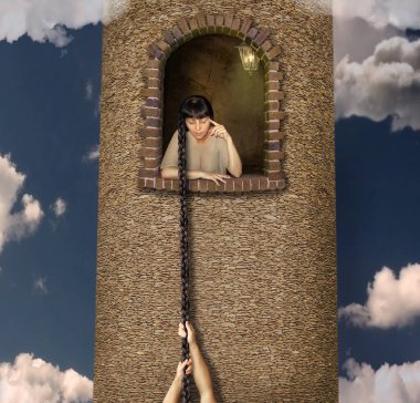 The man climbs up a braid to a high tower where his beloved is. clipart