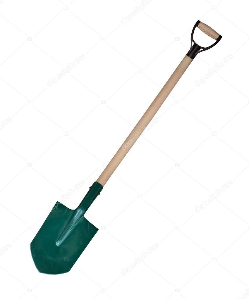 There is a shovel with a wooden stick. White background. Isolated.