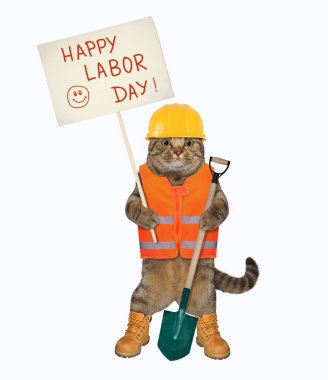 Yelek, kask ve ayakkabı giyen bej renkli kedi işçisi elinde kürek ve İşçi Bayramı tabelası tutuyor. Beyaz arka plan. İzole edilmiş.