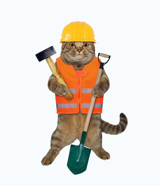 Beige Kattenwerker Een Vest Een Helm Laarzen Houdt Een Schop — Stockfoto