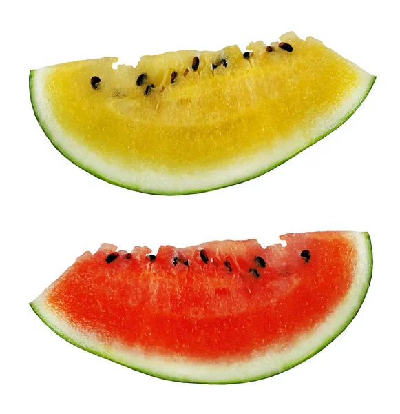 Zijn Twee Plakken Watermeloen Ene Rood Andere Geel Witte Achtergrond — Stockfoto