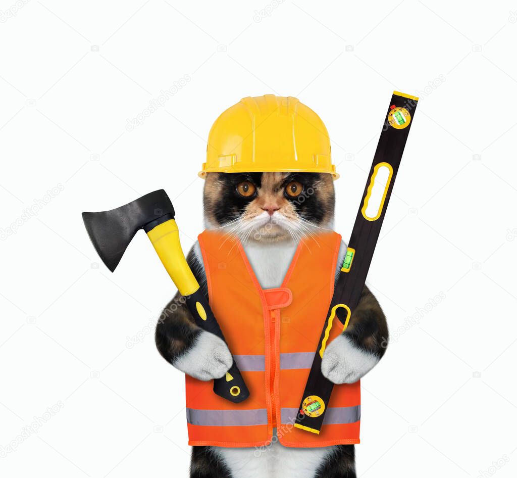 The multi colored cat worker in a vest and a helmet is holding a construction ax and a level. White background. Isolated.