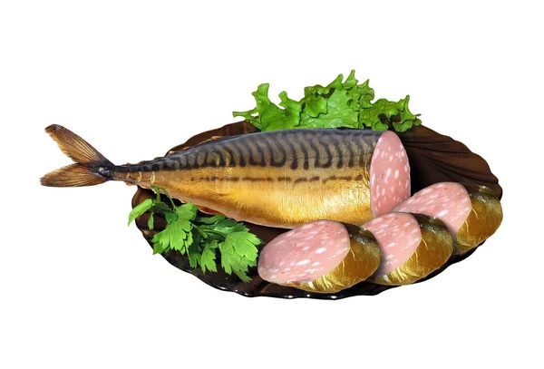 Tabakta Füme Balık Sosisi Var Beyaz Arka Plan Zole Edilmiş — Stok fotoğraf