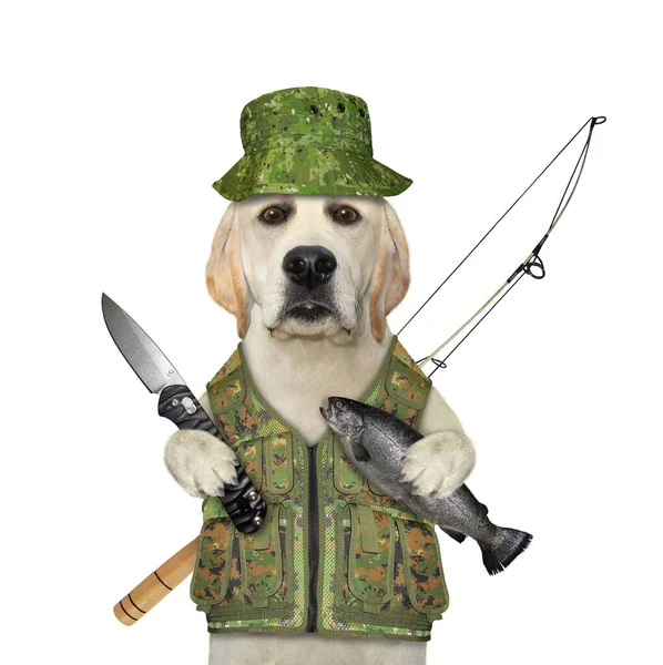 Ein Hundefischer Uniform Mit Angelrute Hält Ein Taschenmesser Und Den — Stockfoto