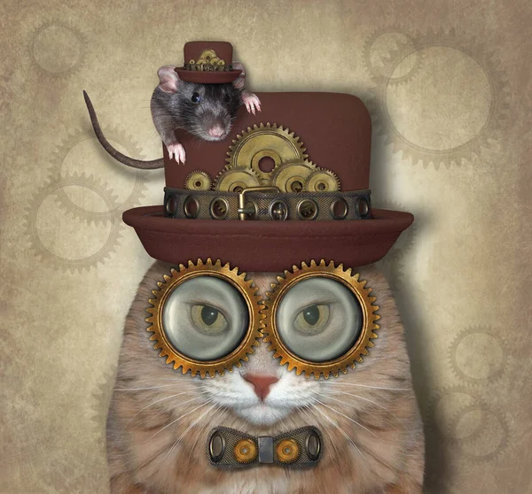 A cat steampunk is in a hat, a metal bow tie and glasses. Beige  background.