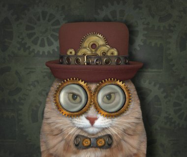 Şapka, metal papyon ve gözlük takan bej renkli bir kedi Steampunk. Yeşil arkaplan.