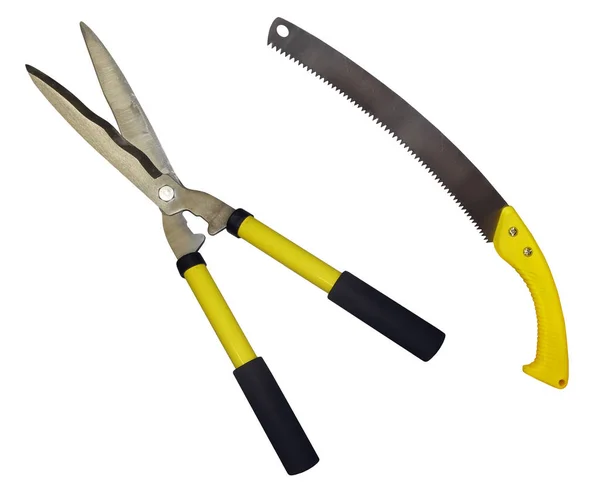 There are a gardening scissors and a hand saw. White background. Isolated.