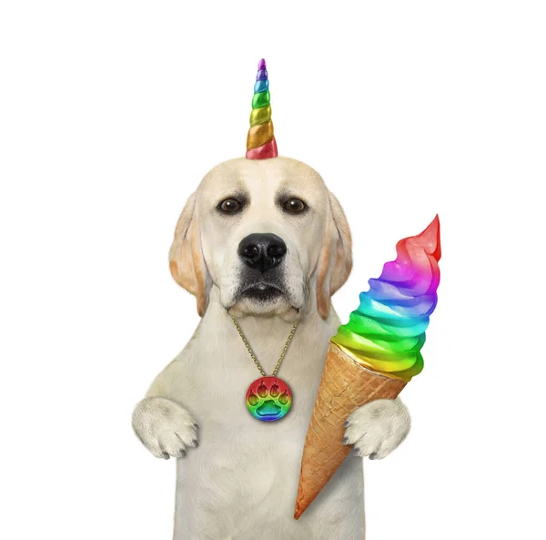 Ένας Μονόκερος Σκύλος Τρώει Ένα Χρωματιστό Χωνάκι Παγωτό Λευκό Φόντο — Φωτογραφία Αρχείου