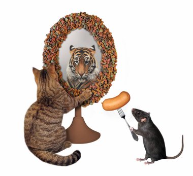 Bir kedi kuru gıda çerçevesindeki bir aynaya bakar. Orada bir kaplan görüyor. Bir sıçan ona sosis veriyor. Beyaz arka plan. İzole edilmiş.