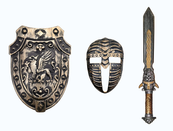 There are a shield, a mask and a sword. White background. Isolated.
