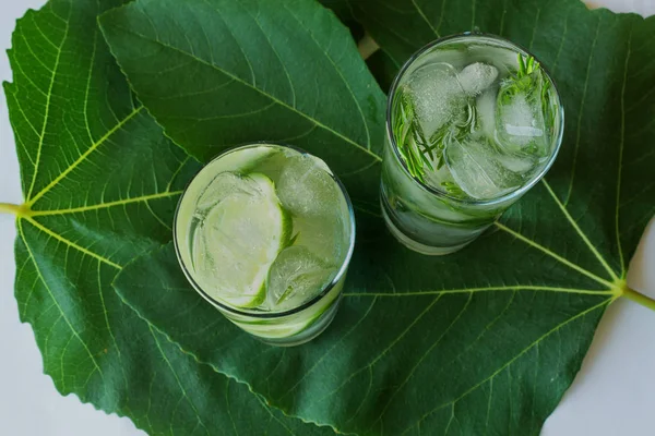Glass of carbonated drink with lime slices, ice cubes and rosemary twigs on large green leaves.