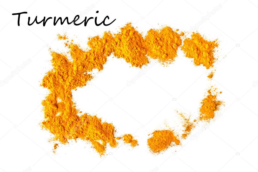 Turmeric is in the form of an oval frame. Isolated on white. Empty space for text or description.