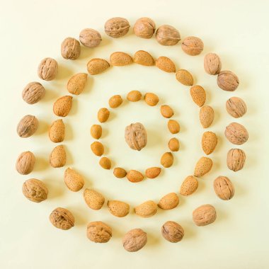 Badem ve ceviz yaratıcı ve minimalist kompozisyon düzeni. Kavram - sağlıklı yaşam tarzı, vejetaryenlik, çiğ gıda, bitkisel protein. Kopya alanı.