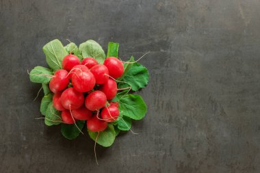 Turp siyah bir taş üzerinde bir grup. Yaratıcı düzeni. Kavram sağlıklı gıda, vejetaryenlik, çiğ gıda.