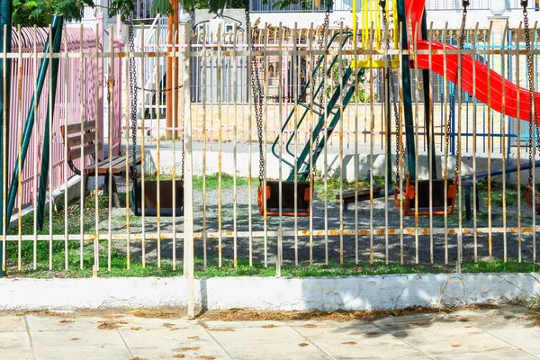 Empty Playground Bright Slides Swings Sunny Day Concept Missing Children — Stock Photo, Image