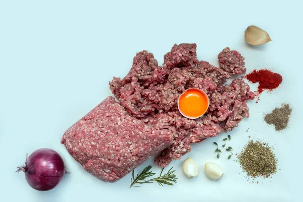 Carne Picada Crua Com Pimenta Ovo Ervas Especiarias Para Cozinhar — Fotografia de Stock