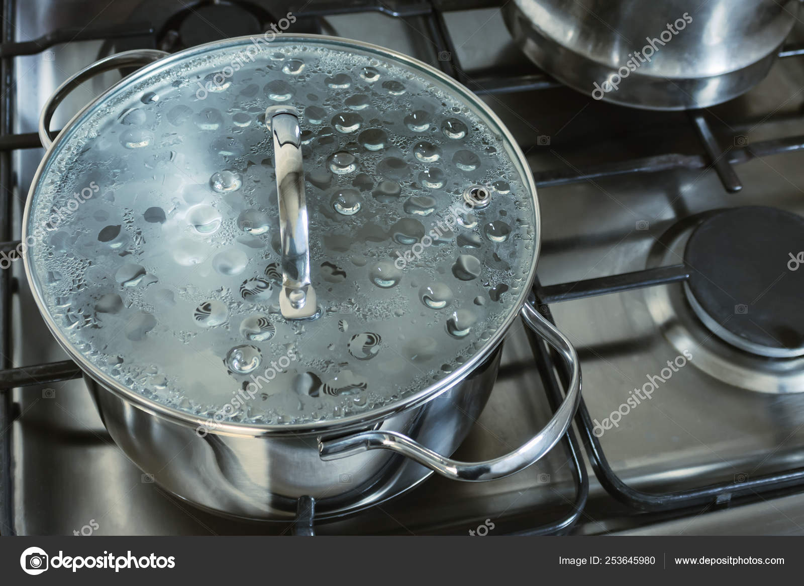 Stainless Steel Saucepan Pot Glass Lid Boiling Water Gas Stove ⬇ Stock Photo, Image by