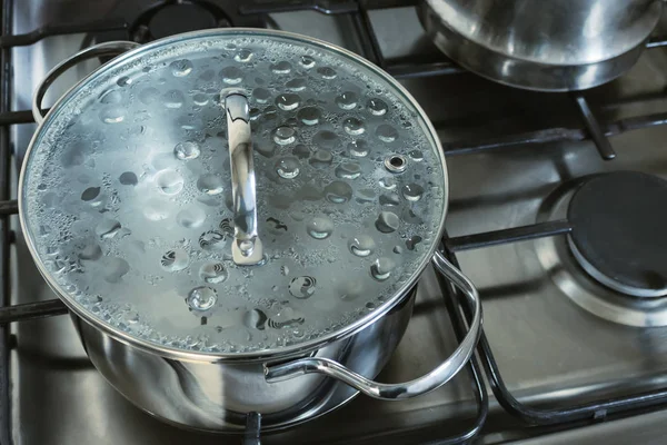 Stainless Steel Saucepan Pot Glass Lid Boiling Water Gas Stove — Stock Photo, Image