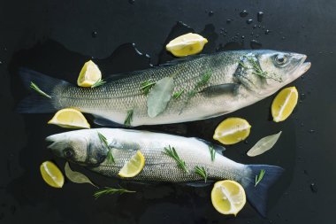 Taze çiğ balık pişirme için hazırlanmıştır. Baharatlarla Marine edilmiş ve sulu limon ve biberiye dilimleriyle doldurulmuş. Dicentrarchus labrax. Konsept-sağlıklı gıda, taze deniz ürünleri.
