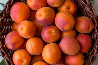 Taze hasır sepette parlak olgun kayısı aldı. Sağlıklı beslenme kavramı.