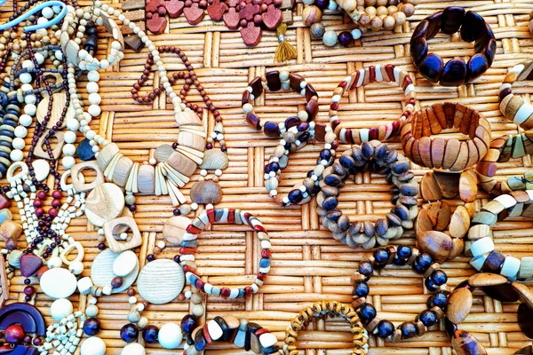 Beautiful Necklaces Beads Made Wood Sold Tourist Market — Stock Photo, Image