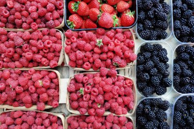 Taze ahududu, çilek ve böğürtlen plastik kaplarda çiftçinin pazarda. Sağlıklı bir diyet için doğal organik gıda.