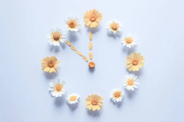 Bloemenklok Gemaakt Van Witte Gele Madeliefjes Een Lichte Achtergrond Tijdconcept — Stockfoto