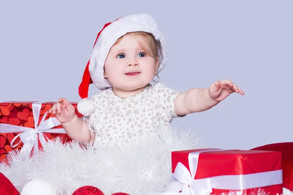 Little Cute Baby Girl Red Hat Santa Claus Have Fun — Stock Photo, Image