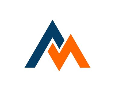 Mavi ve turuncu soyut dağ, baş harfi M harfiyle.