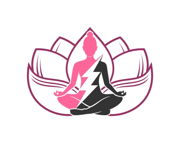 Woman Meditation Energy Lotus Line — Stock Vector