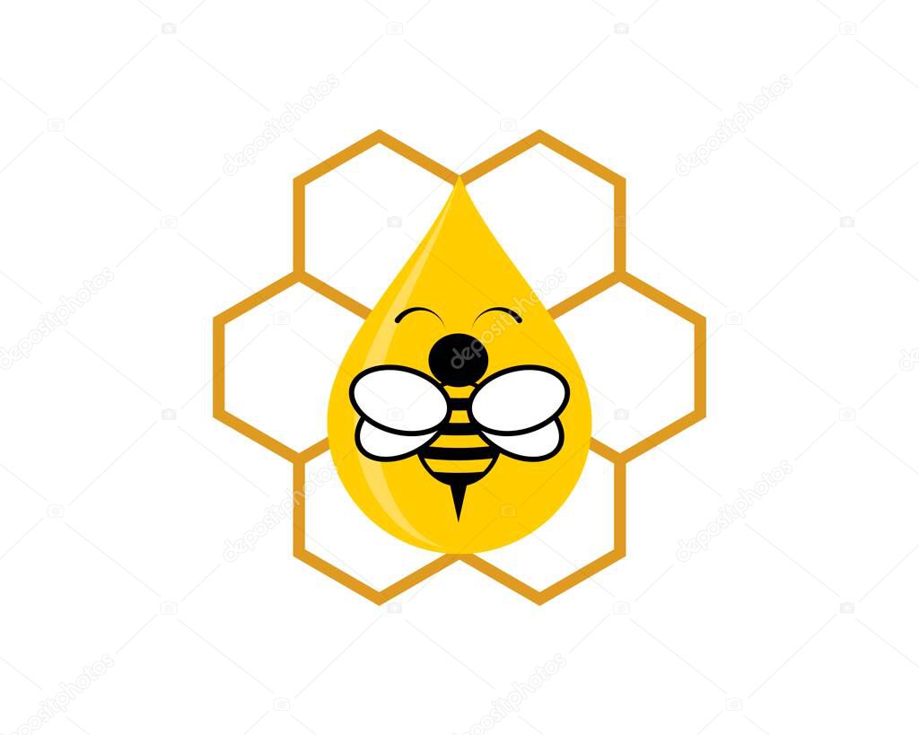 Hexagonal bee hive with honey drop and bee