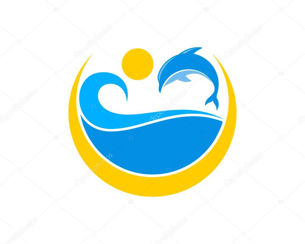 Circular swoosh with beach wave and jumping dolphin