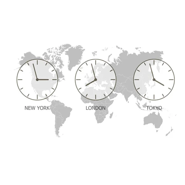 一组时钟 世界地图上的世界时间 时区时钟 矢量插图 — 图库矢量图片
