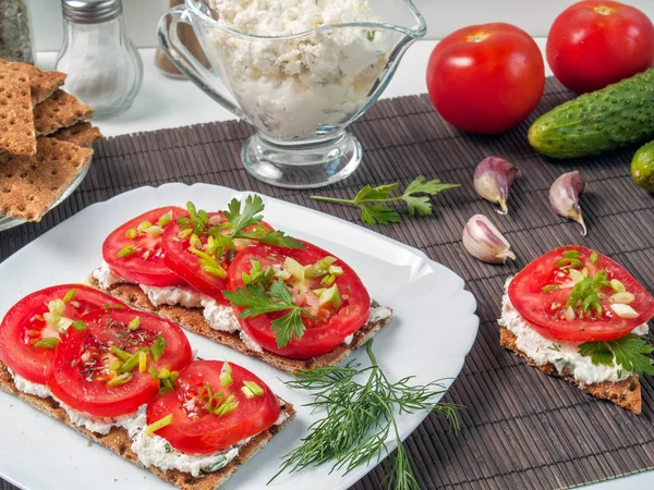 Crispy Bread Buckwheat Flour Smeared Curd Cheese Top Tomato Greens — Stock Photo, Image