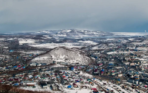 Panorama Petropavlovsk Kamchatsky Zimě Dobré Počasí Kopce Mishennaya Ochozu — Stock fotografie