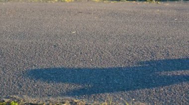 Boş bir kaykay, asfalt yolda ilerliyor. Bir kaykay, yaz akşamları güneşin batışında, sağdan sola doğru asfalt bir pistte yol alır.